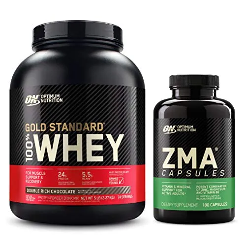 OPTIMUM NUTRITION ZMA, Zinc for Men and Women, Zinc and Magnesium Supplement & Gold Standard 100% Whey Protein Powder, Double Rich Chocolate
