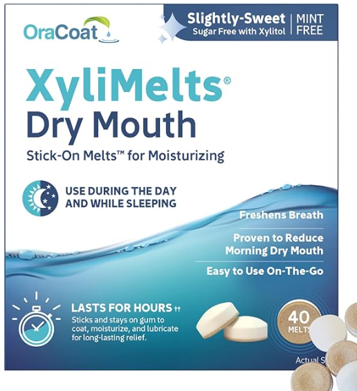 Oracoat XyliMelts for Dry Mouth Night Time or Day - Moisturizing Dry Mouth Adhering Discs, Sugar Free with Xylitol, 40 Count, Slightly-Sweet Flavor, 8-Hour Relief
