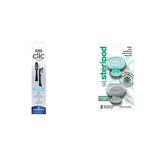 Oral-B Clic Toothbrush Ultimate Clean Replacement Brush Heads, Black, 2 Count & Steripod Clip-On Toothbrush Protector with Peppermint Essential Oils, Keeps Toothbrush Fresh and Clean