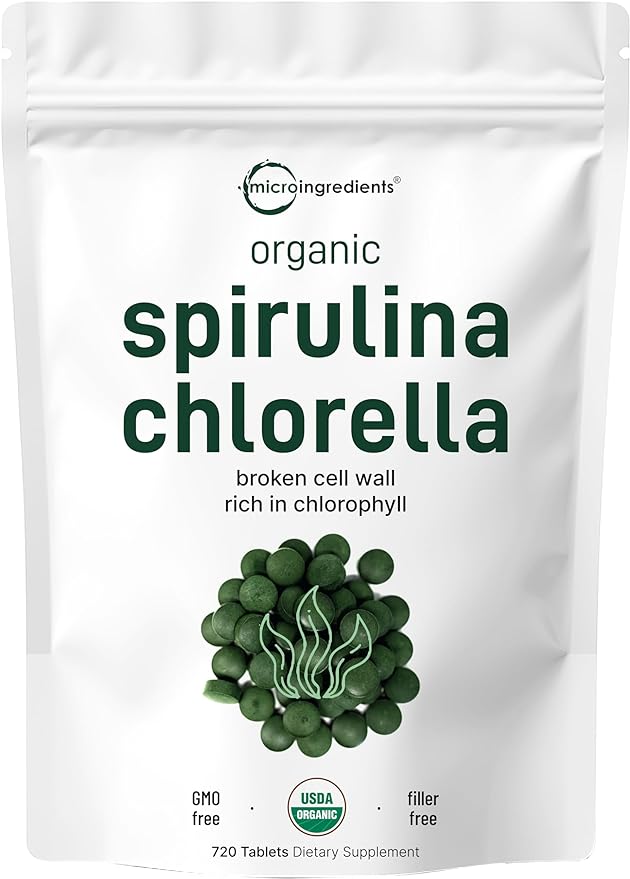Organic Chlorella Spirulina Tablets, 3000mg Per Serving, 720 Counts, 120 Servings (4 Months Supply), Rich in Prebiotics, Immune Vitamins, Fiber, Proteins, No GMOs, Vegan