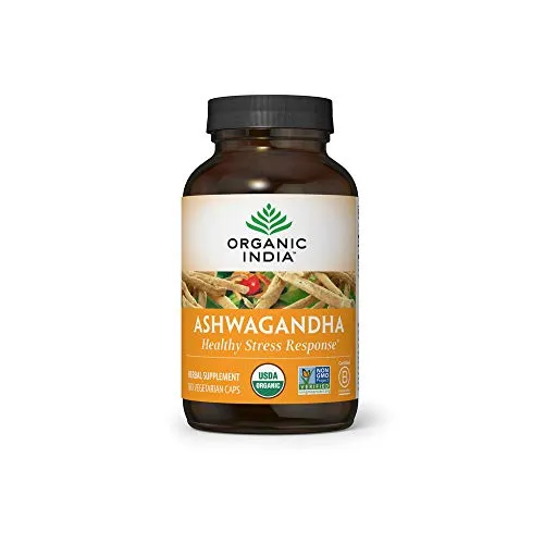 Organic India Ashwagandha Herbal Supplement - Stress Response Support, Vegan, Gluten-Free, Kosher, USDA Certified Organic, Non-GMO, Supports Mood, Endurance, Vitality & Strength - 180 Capsules