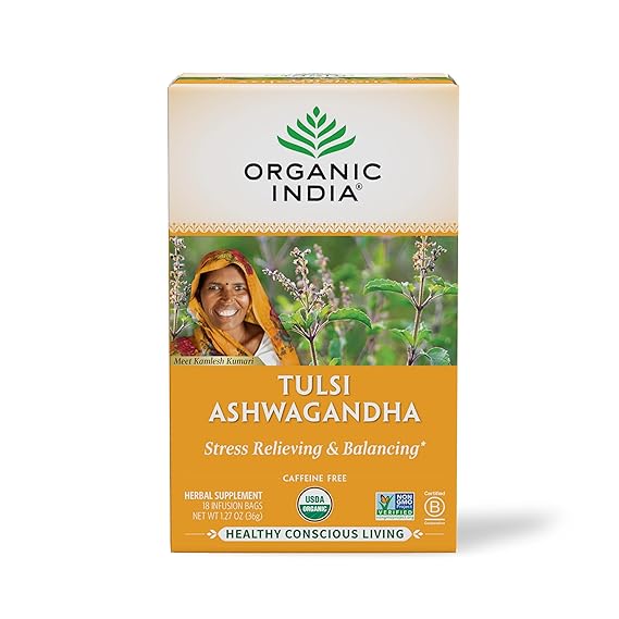 Organic India Calming Tulsi Herbal Tea Favorites - Holy Basil, Ashwagandha, Honey Chamomile, Sleep - Adaptogen, Vegan, USDA Certified Organic, Non-GMO - 18 Infusion Bags