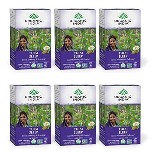 Organic India Tulsi Sleep Herbal Tea - Stress Relieving & Relaxing, Immune Support, Balances Sleep Cycles, Vegan, USDA Certified Organic, Non-GMO, Caffeine-Free - 18 Infusion Bags, 6 Pack