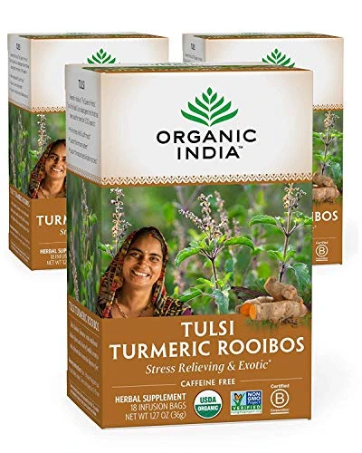Organic India Tulsi Turmeric Rooibos Herbal Tea - Stress Relieving & Exotic, Immune Support, Healthy Inflammatory Response, Adaptogen, Vegan, Organic, Caffeine-Free - 18 Infusion Bags, 3 Pack