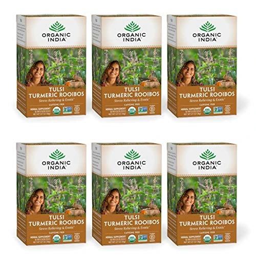 Organic India Tulsi Turmeric Rooibos Herbal Tea - Stress Relieving & Exotic, Immune Support, Healthy Inflammatory Response, Adaptogen, Vegan, Organic, Caffeine-Free - 18 Infusion Bags, 6 Pack
