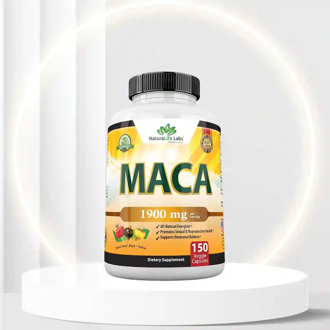 Organic Maca Root Black, Red, Yellow 1900 MG per Serving - 150 Vegan Capsules Peruvian Maca Root Gelatinized 100% Pure Non-GMO Supports Reproductive Health Natural Energizer