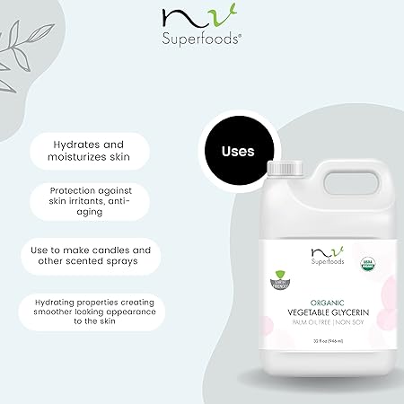 Organic Vegetable Glycerin - 32 Fl Oz - Palm Oil Free - USP Food Grade, 100% Natural, Carrier for Essential Oils, Perfect for Skin, Hair & Nails as well as Arts & Crafts