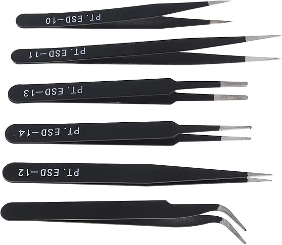 OriGlam 6PCS Precision Tweezers Set, ESD Tweezers Set, Anti-Static Stainless Steel Tweezers, Non-magnetic Curved Tweezers Set, Electronics Tweezers Kit for Jewelry, Craft, Electronics
