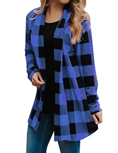 OUNAR Womens Buffalo Plaid Long Sleeve Plus Size Open Front Elbow Patch Cardigans Blue