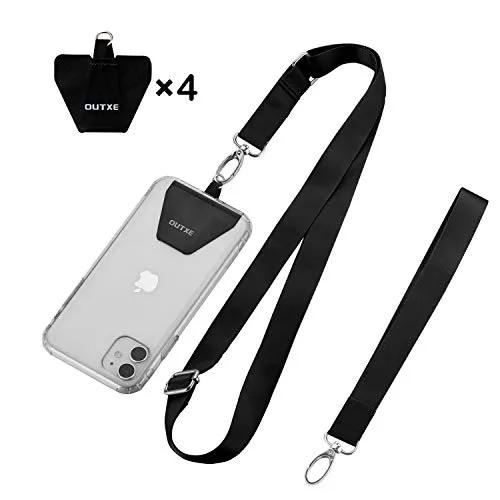 OUTXE Universal Phone Lanyard - 4ï¿½ Durable Pads, 1ï¿½ Adjustable Neck Strap, 1ï¿½ Wrist Strap, Nylon Cell Phone Lanyard Compatible with iPhone, Samsung Galaxy and All Smartphones ( Black )
