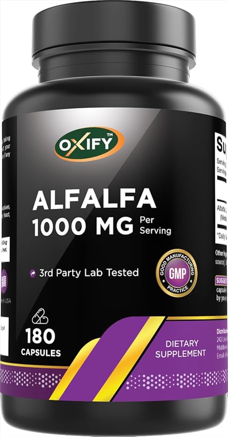 Oxify Alfalfa 1000 mg | 180 Capsules | Gluten-Free, Non-GMO | Supplement Made in USA