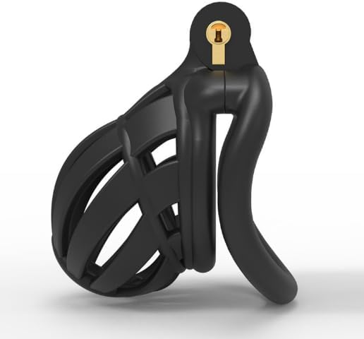 3D Wide Head Black Chastity Lock Breathable, Male Chastity Device with 4 Sizes -Z27 (Bent Ring)