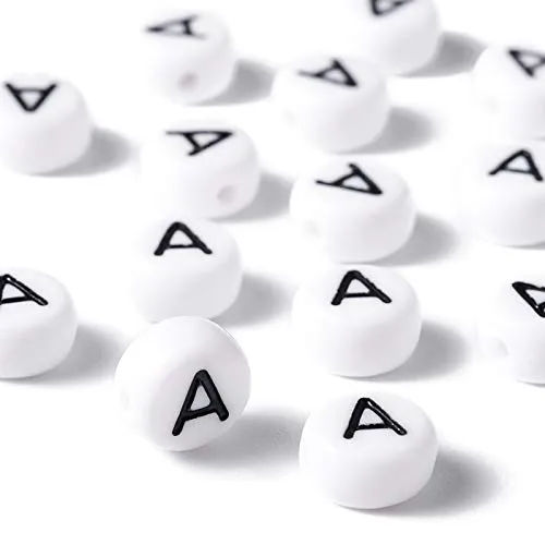 Pandahall 100Pcs Vowel Letter Beads 7x4mm White Flat Round with Letter A Acrylic Beads for Jewelry Making