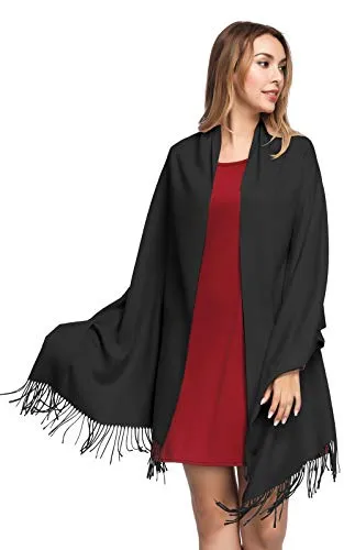 Pashmina Shawls and Wraps for Women - PoilTreeWing Solid Color Cashmere Scarfs(Black)
