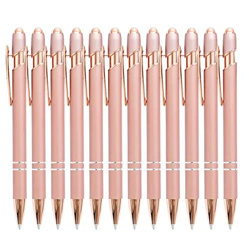 PASISIBICK 12 Pieces Rose Gold Ballpoint Pen with Stylus Tip, 2 in 1 Rose Gold Stylus Pens Stylish Pen, Metal Stylus Pen for Touch Screens, 1.0 mm Black Ink(Pack of 12)