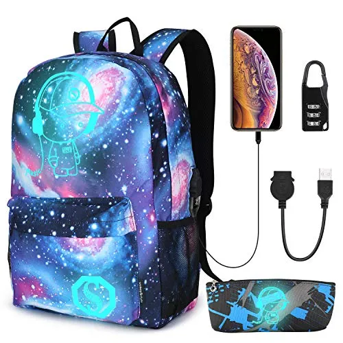 Pawsky Galaxy Backpack for School, Anime Luminous Backpack College Bookbag Anti-Theft Laptop Backpack with USB Charging Port