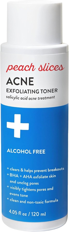 Peach Slices Acne Exfoliating Toner | 2% Salicylic Acid | Alcohol & Sulfate-Free | Gentle AHA+BHA Exfoliation | Prevents Breakouts | All Skin Types | Non-Irritating | Vegan & Cruelty-Free | 4 oz