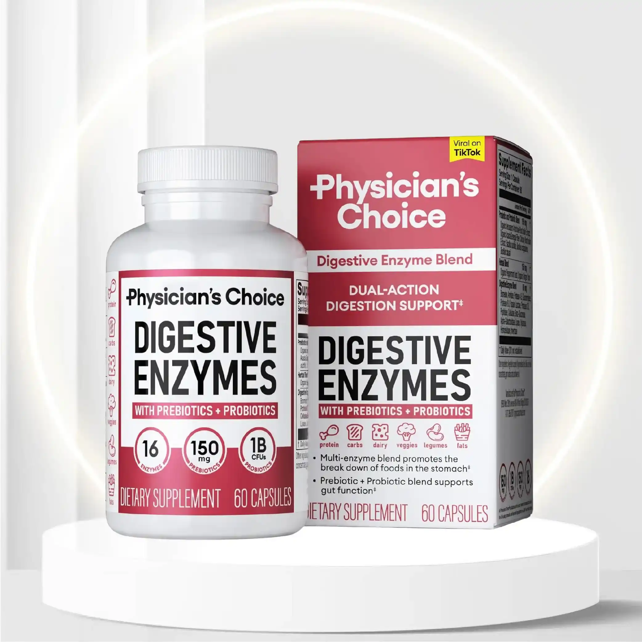 Physician's CHOICE Digestive Enzymes - Multi Enzymes, Organic Prebiotics & Probiotics for Digestive Health & Gut Health - Meal Time Discomfort Relief & Bloating - Dual Action Approach - 60 CT