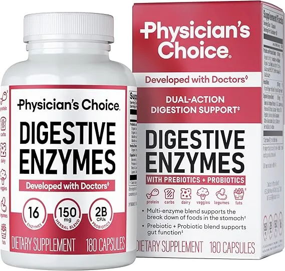 Physicians CHOICE Digestive Enzymes - Multi Enzymes, Organic Prebiotics & Probiotics for Digestive Health & Gut Health - Meal Time Discomfort Relief & Bloating - Dual Action Approach - 180 CT