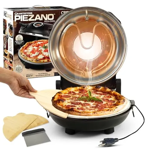 PIEZANO Crispy Crust Pizza Oven by Granitestone 12 Inch Electric Pizza Oven Indoor Countertop Maker with Ceramic Stone Heats up to 800 F for Stone Baked Pizzeria Style at Home As Seen on TV Products