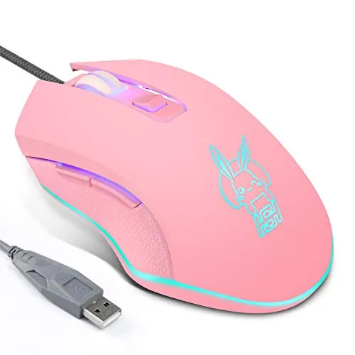 Pink Mouse Silent Click, 7 Colors Backlit Optical Game Mice Ergonomic Wired with 2400 DPI and 6 Buttons 4 Shooting for PC Computer Laptop Desktop (USB)