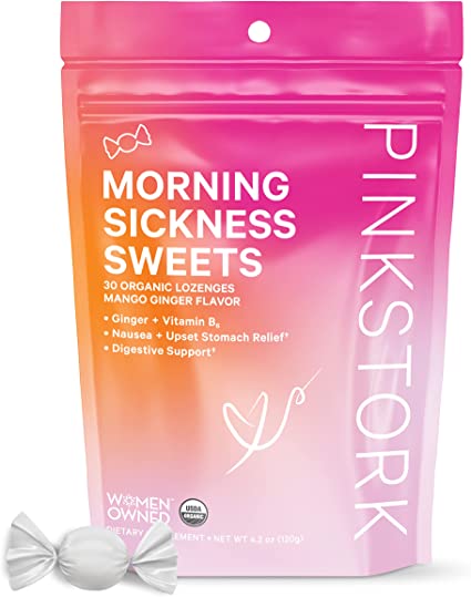 Pink Stork Morning Sickness Sweets: Ginger Mango Morning Sickness Candy for Pregnancy, Nausea, Digestion, 100% Organic + Vitamin B6, Women-Owned, 30 Hard Lozenges