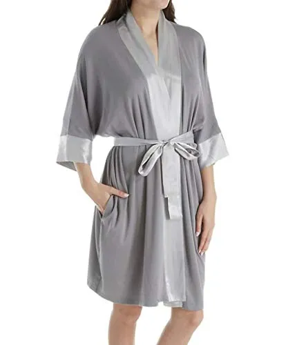 PJ Harlow Knit Robe with Pockets and Satin Trim Shala - PJSR6RSIZED (M/L, Dark Silver)