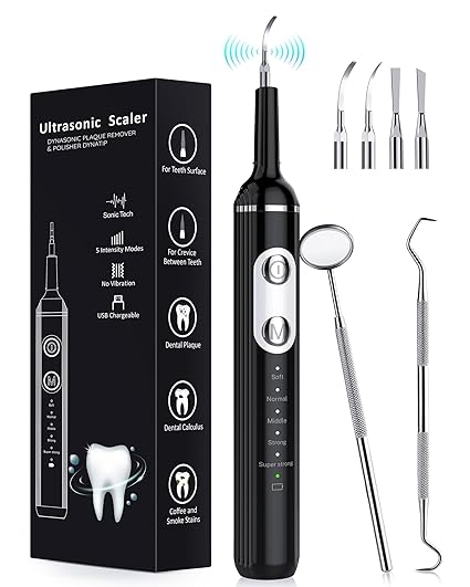 Plaque Remover for Teeth, Dental Cleaning Kit Tartar Remover for Teeth with LED Light & 5 Modes, Rechargeable Dental Cleaner, 4 Replaceable Heads