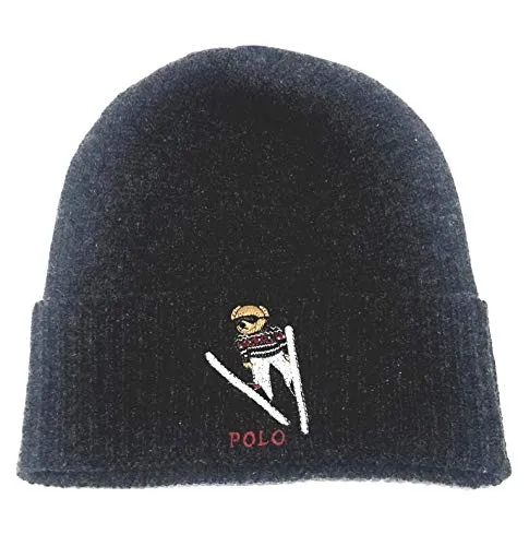 Polo Ralph Lauren Unisex Cashmere Wool Bears Winter Beanie Skully Hat (Charcoal Grey/Ski)