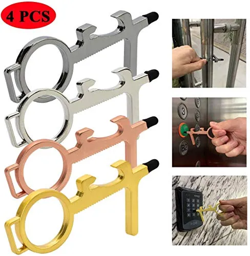 Portable Non-Contact Door Opener 4 Pack, Heavy-duty Reusable Stylus Keychain Tool Avoid Direct Touch Tool in The Public 4 Colors-Gold, Rose Gold, Black, Silver