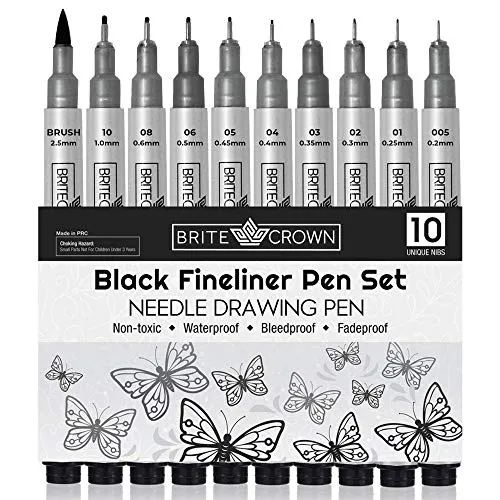 Premium Drawing Pens - Set of 10 Various Size Tip Fineliner Pens 0.2mm to 1.0mm Width Tips, Plus 2.5mm Calligraphy Brush-Tip Pen