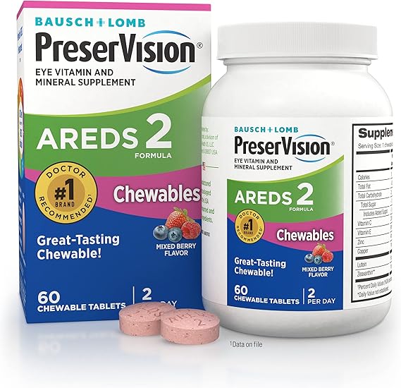 PreserVision AREDS 2 Eye Vitamins, #1 Eye Doctor Recommended Brand, Chewable Lutein and Zeaxanthin Supplement with Vitamin C, Vitamin E,Zinc, and Copper, Mixed Berry, 60 Tablets