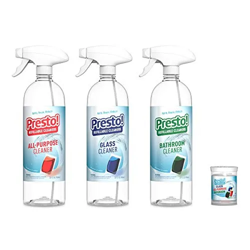 Presto! by Amazon: Refillable Cleaners Variety Starter Pack, (3 reusable spray bottles, 6 refill pacs), Refill, reuse, reduce