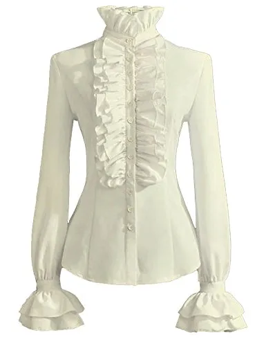 PrettyGuide Women Stand-Up Collar Lotus Ruffle Shirts Blouse XL Ivory