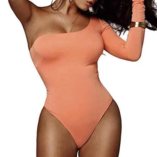 PRIMODA Women's Sexy Off One Shoulder Long Sleeve Thong Bodysuit Stretchy Leotard Tops(Orange,M)