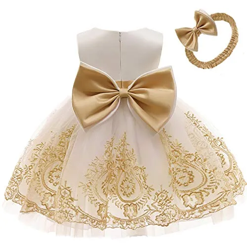 Princess Girls Big Bowknot Embroidery Dresses Cute Sleeveless Prom Lace Dresses for Baby(Golden+White,110)
