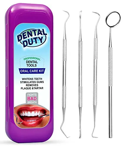 Professional Dental Hygiene Kit - Calculus & Plaque Remover Set - Stainless Steel Tools-Tarter Scraper, Tooth Pick, Dental Scaler And Mouth Mirror Instruments. Hygienist Kit- Home Use Tools For Adults