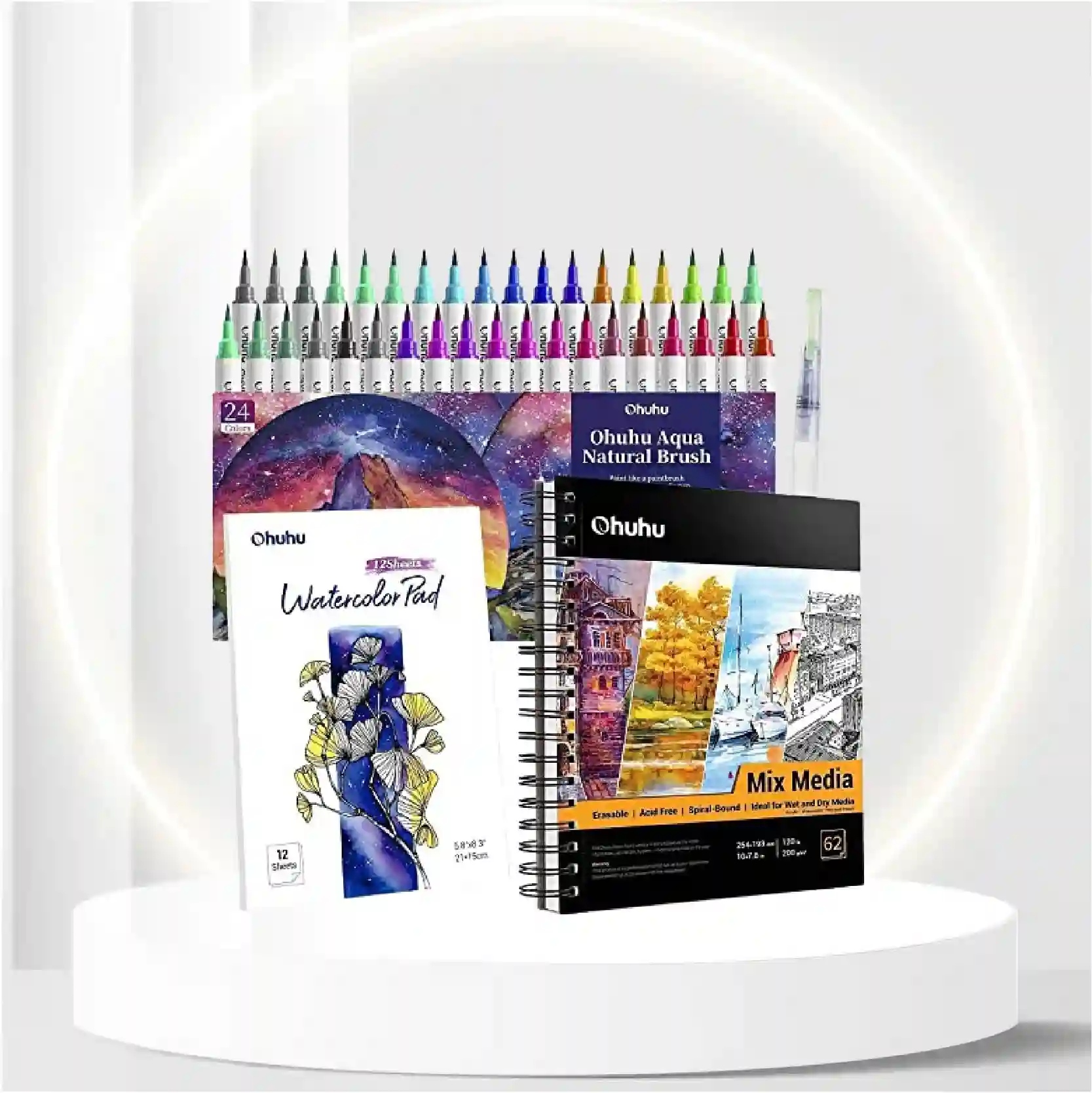 Professional Watercolor Brush Markers 36 Colors of Ohuhu, Water-based Real Nylon Brush Tip Marker Pens+Mix Media Pad, Ohuhu 10