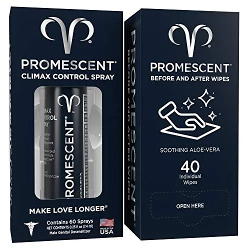 Promescent Delay Spray for Him (7.4ml) + Flushable Wet Wipes (40 Count) for Adults with Aloe Vera for Men, Women & Couples, Last Longer and Stay Fresh, pH Balanced, Individually Wrapped