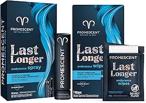 Promescent Desensitizing Delay Spray for Men (2.6 ml) to Help You Last Longer in Bed + Delay Wipes (7 Count) Sexual Enhancer with Extended Climax Control with Benzocaine