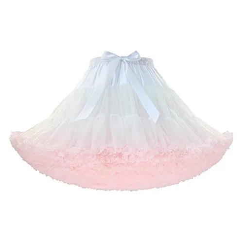 Puffy Tutu Skirt for Women Tulle Petticoat with Ribbon Ballet Dance Pettiskirts (White+Pink)