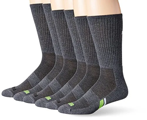 PUMA Socks Men's Crew Socks, Grey/Green, Sock Size:10-13/Shoe Size: 6-12 (Pack of 6)