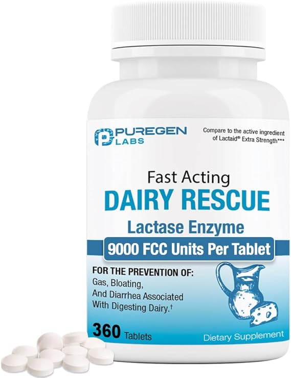 Puregen Labs Dairy Relief Fast Acting Lactase Enzyme 9000 FCC, Lactose Intolerance Pills 360 Tablets