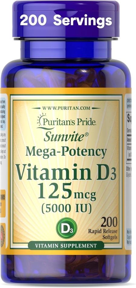Puritan's Pride Premium Sunviteâ¢ Mega-Potency Vitamin D3 5,000 IU, Dietary Supplement for Healthy Bones, Teeth, and Immune System Support, 200 Rapid Release Softgels