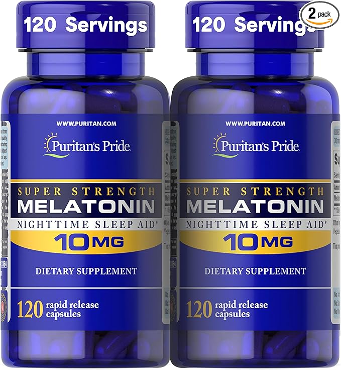 Puritan's Pride Premium Super Strength Melatonin 10mg Sleep Aid, Dietary Supplement for Sound, Restful, & Longer Sleep Support, 4 Month Supply, 120 Rapid Release Capsules, 2 Pack
