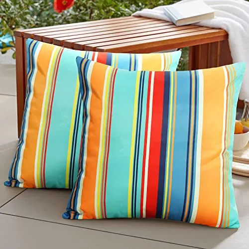 Pyonic Set of 2 Outdoor Pillow Covers Waterproof Throw Pillow Covers Decorative Square Patio Pillows for Patio Tent Garden Beach,18x18 Inches,Color Stripe(Blue)