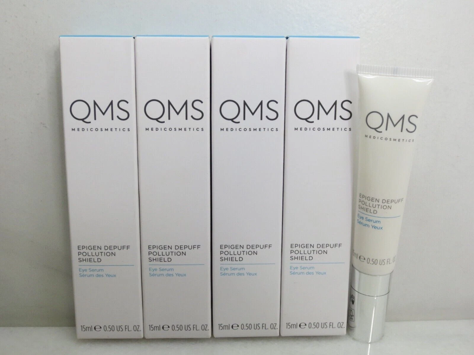 QMS MEDICOSMETICS EPIGEN DEPUFF POLLUTION SHIELD EYE SERUM 0.50 OZ - LOT OF 4