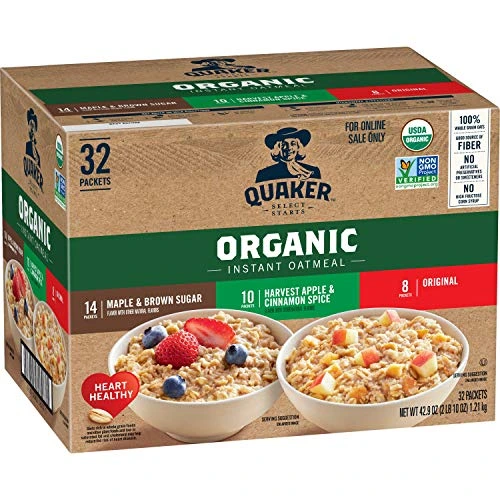 QUAKER Instant Oatmeal, USDA Organic, Non-GMO Project Verified, 3 Flavor Variety Pack, Individual Packets, 32 Count