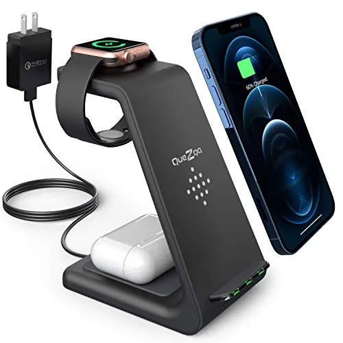 Quezqa Wireless Charging Stand ï¿½ 3 in 1 Fast Wireless Charger ï¿½ Qi Charging Station Dock Compatible with AirPods Pro Apple Watch SE 6 5 4 3 2 iPhone 12 11 Pro Max Xs X Xr 8(with QC3.0 Adapter)