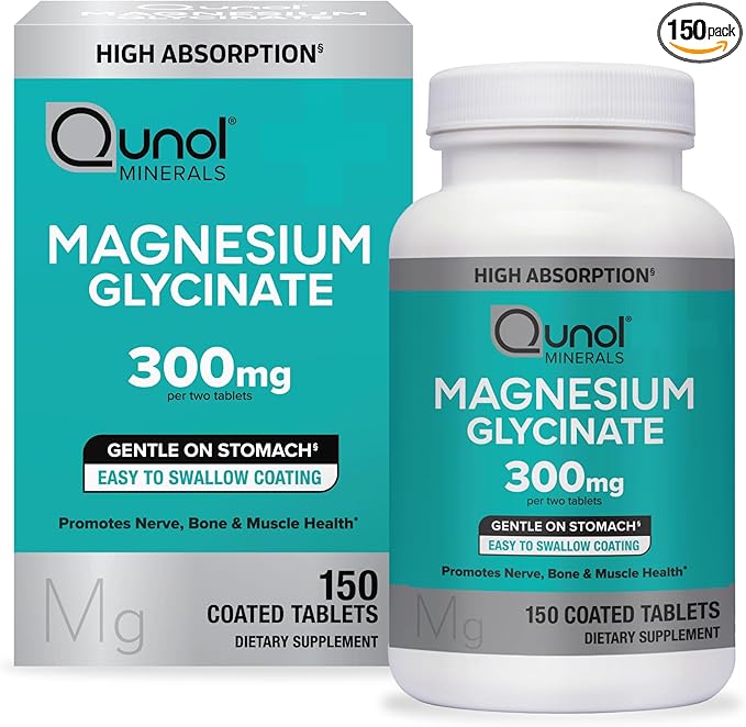 Qunol Magnesium Glycinate 300mg, 100% Glycinate Chelated Magnesium Supplement, 150ct Tablets